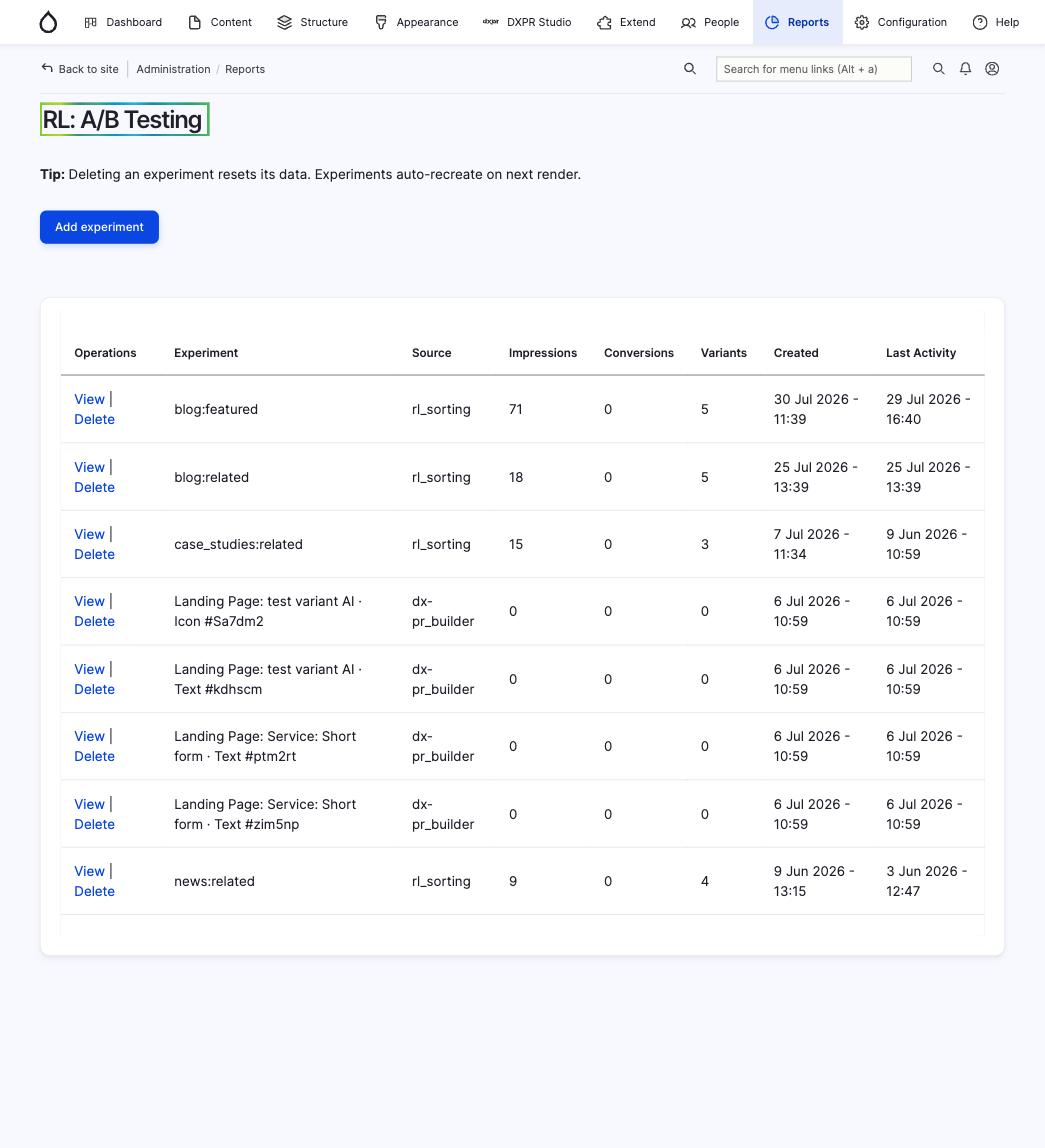 RL experiment list showing impressions, conversions, and variant counts